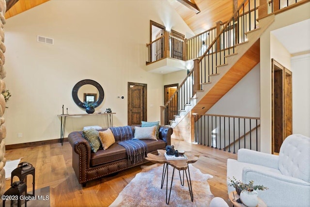 1181 Hunt Lake Rd Unit N, Corinth, NY 12822 - living area featuring wood finished floors, visible vents, stairs, wood ceiling, and high vaulted ceiling