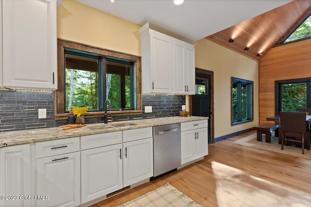 1181 Hunt Lake Rd Unit N, Corinth, NY 12822 - kitchen featuring a sink, light wood-type flooring, white cabinetry, decorative backsplash, and dishwasher