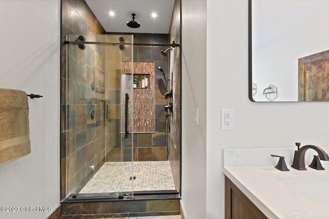 1181 Hunt Lake Rd Unit N, Corinth, NY 12822 - bathroom with recessed lighting, vanity, and a stall shower