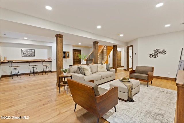 1181 Hunt Lake Rd Unit N, Corinth, NY 12822 - living area featuring recessed lighting, light wood-style floors, stairway, and baseboards