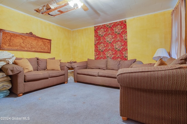 living room featuring carpet floors and ornamental molding