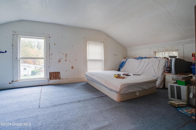 carpeted bedroom featuring vaulted ceiling