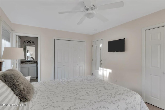 bedroom with a closet, a ceiling fan, and connected bathroom