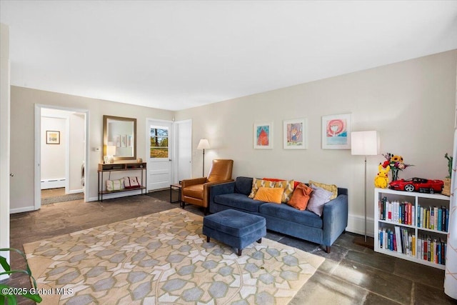 living area featuring a baseboard radiator