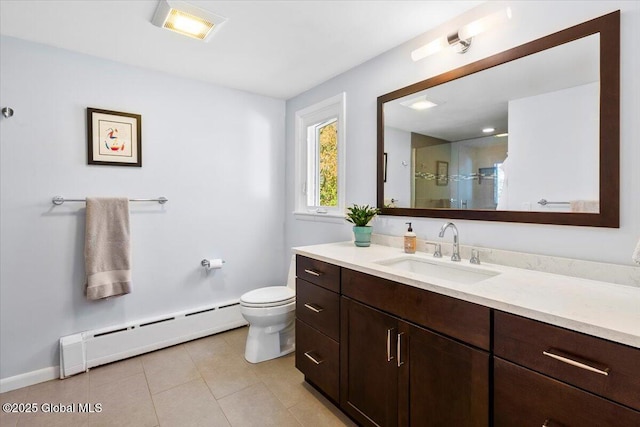 full bath with a baseboard radiator, a shower stall, tile patterned floors, vanity, and toilet