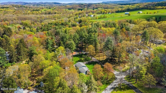 aerial view of a heavily wooded area and a mountainous background