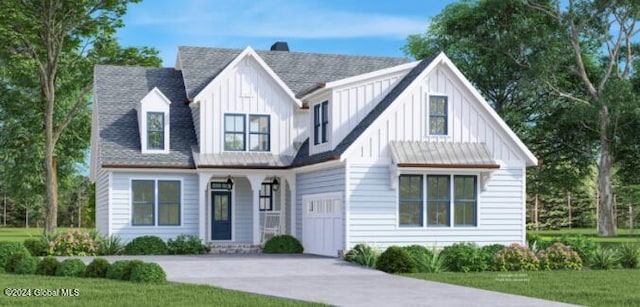 modern inspired farmhouse featuring concrete driveway, a front lawn, and board and batten siding
