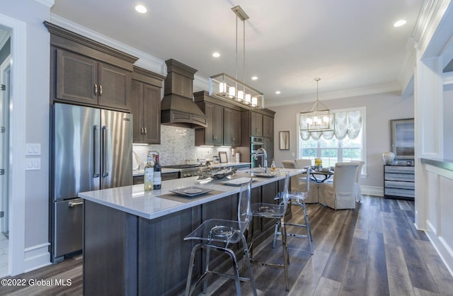 kitchen featuring decorative backsplash, a kitchen island with sink, stainless steel appliances, custom range hood, and dark wood-type flooring