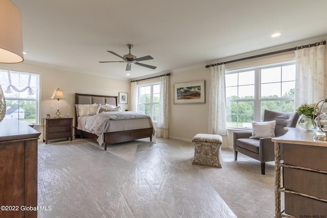 bedroom featuring a ceiling fan, baseboards, recessed lighting, and crown molding