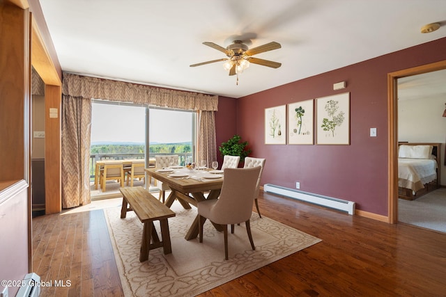 2694 State Route 10, Summit, NY 12175 - dining space featuring a baseboard radiator, wood finished floors, ceiling fan, and baseboards