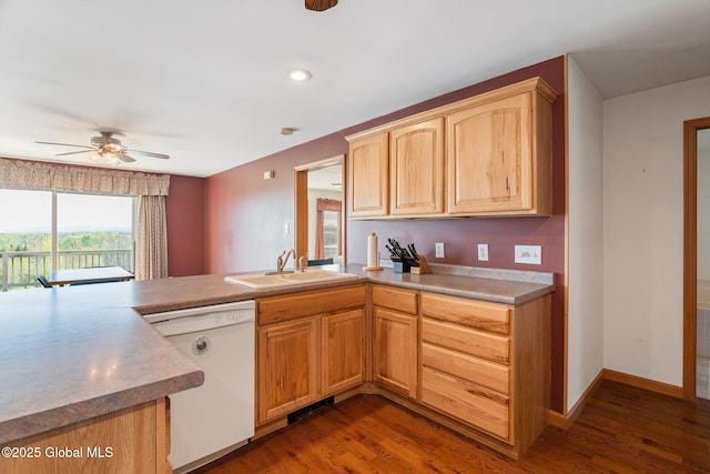 2694 State Route 10, Summit, NY 12175 - kitchen featuring dishwasher, a sink, a ceiling fan, dark wood-style flooring, and light brown cabinetry