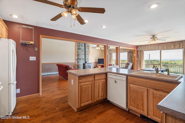 2694 State Route 10, Summit, NY 12175 - kitchen featuring white appliances, baseboard heating, a sink, a ceiling fan, and recessed lighting