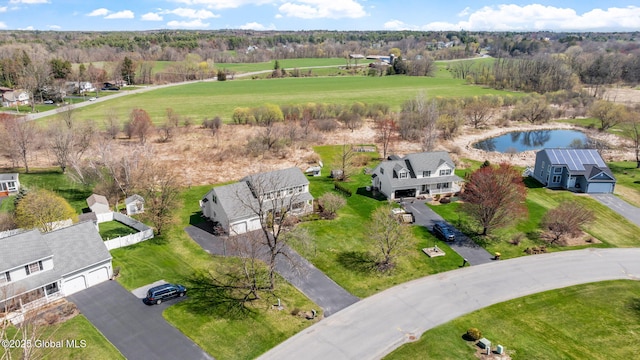 drone / aerial view featuring a water view and a residential view