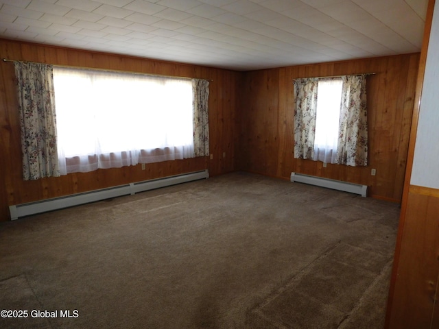 6 Riverview St, South Glens Falls, NY 12803 - carpeted empty room featuring a baseboard heating unit and wooden walls