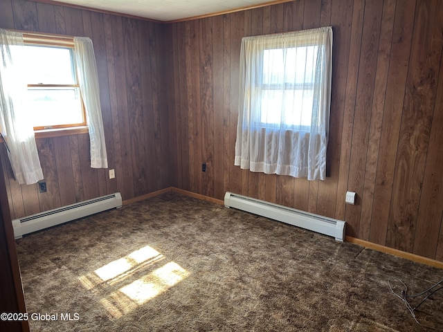 6 Riverview St, South Glens Falls, NY 12803 - carpeted spare room with wood walls, a wealth of natural light, and a baseboard radiator