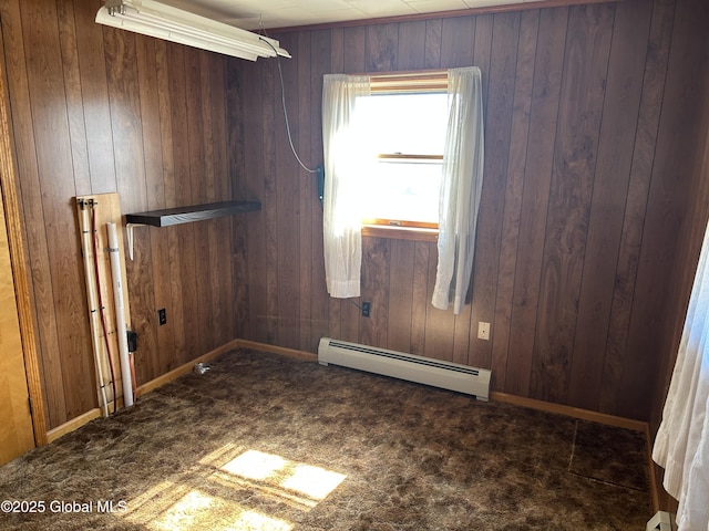 6 Riverview St, South Glens Falls, NY 12803 - carpeted spare room featuring baseboard heating and wood walls