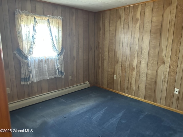 6 Riverview St, South Glens Falls, NY 12803 - carpeted empty room with a baseboard heating unit and wood walls