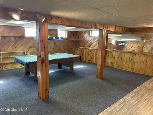 6 Riverview St, South Glens Falls, NY 12803 - game room featuring wood walls, billiards, and a drop ceiling