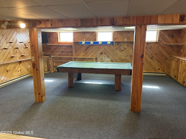 6 Riverview St, South Glens Falls, NY 12803 - playroom featuring wooden walls, carpet, pool table, and baseboard heating