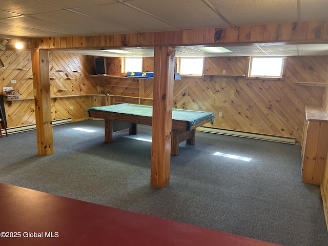 6 Riverview St, South Glens Falls, NY 12803 - playroom with a baseboard radiator, wood walls, a paneled ceiling, and carpet