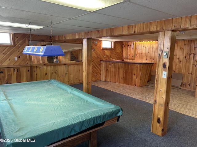 6 Riverview St, South Glens Falls, NY 12803 - playroom with carpet floors, wood walls, pool table, and a drop ceiling