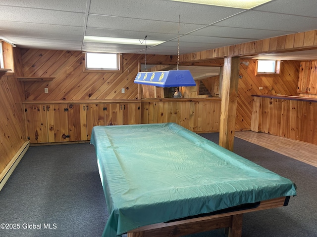 6 Riverview St, South Glens Falls, NY 12803 - game room featuring a baseboard heating unit, wooden walls, carpet flooring, and pool table