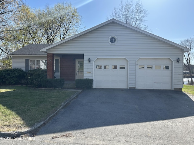 6 Riverview St, South Glens Falls, NY 12803 - ranch-style house featuring a shingled roof, aphalt driveway, a front yard, and brick siding