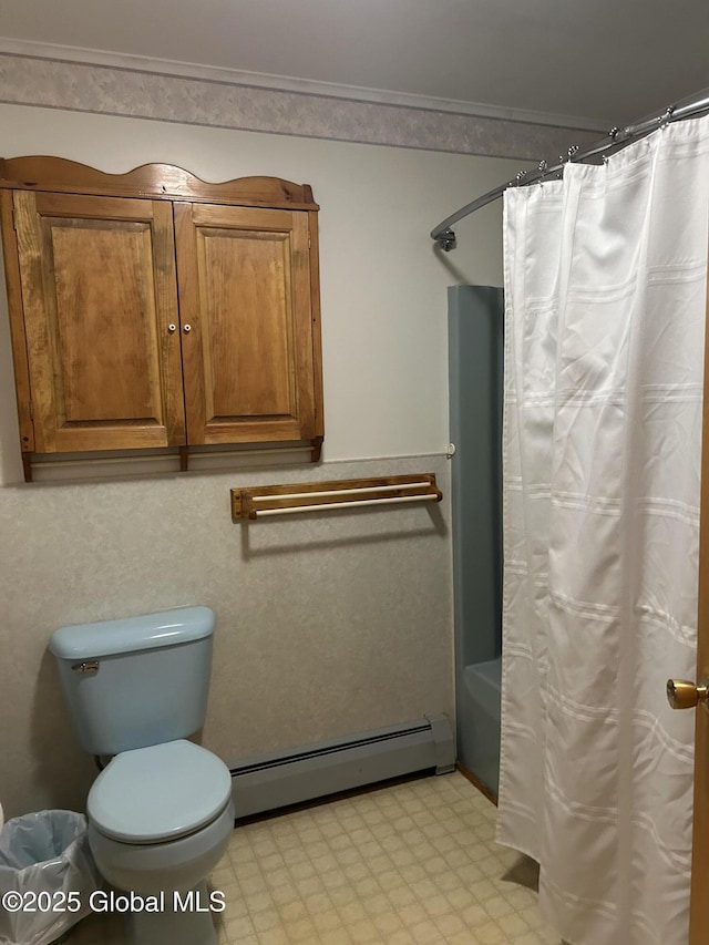 6 Riverview St, South Glens Falls, NY 12803 - bathroom with a baseboard heating unit, shower / bath combination with curtain, toilet, and tile patterned floors