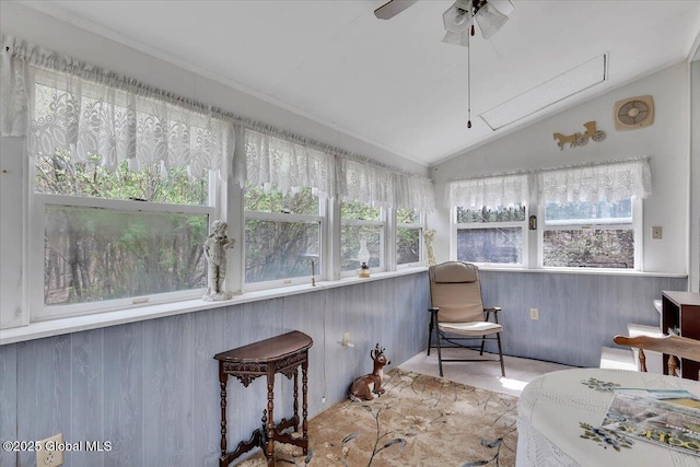sunroom featuring wooden walls and vaulted ceiling