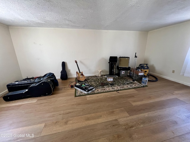 living area with wood finished floors, a textured ceiling, and baseboards