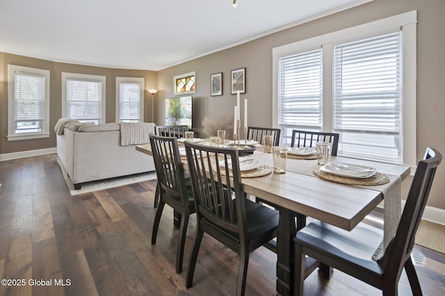 dining room with baseboards and dark wood-style flooring