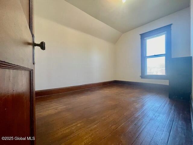 additional living space with wood-type flooring, baseboards, and vaulted ceiling