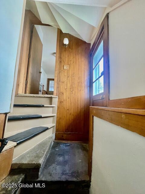 staircase with wooden walls and plenty of natural light