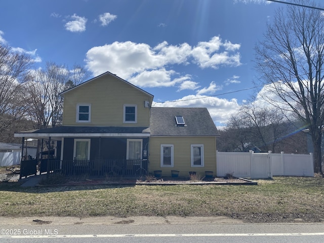 470 Middle Grove Rd, Greenfield, NY 12850 - view of front of home featuring fence, a porch, roof with shingles, and a front yard