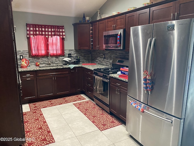 470 Middle Grove Rd, Greenfield, NY 12850 - kitchen with a sink, light tile patterned floors, backsplash, appliances with stainless steel finishes, and light stone countertops