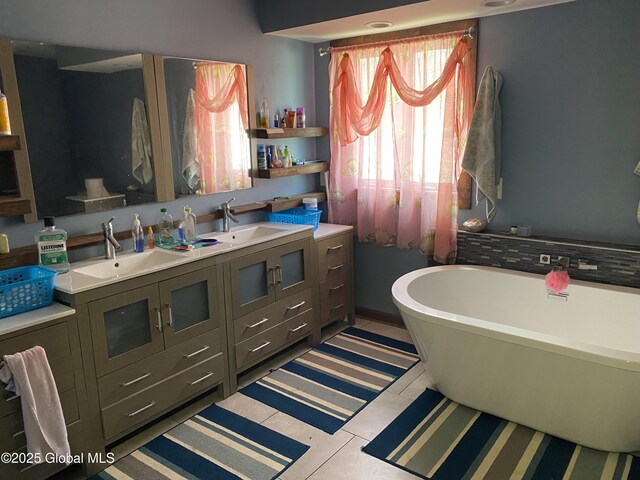 470 Middle Grove Rd, Greenfield, NY 12850 - full bath featuring a freestanding tub, a sink, and double vanity