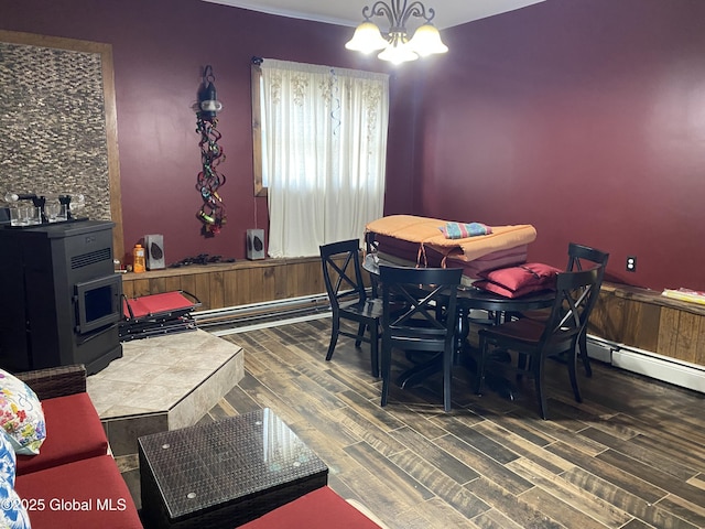 470 Middle Grove Rd, Greenfield, NY 12850 - dining area with baseboard heating, wood finished floors, and a notable chandelier