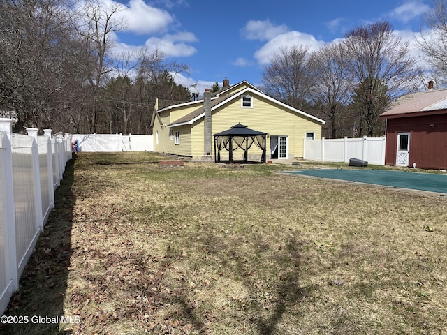 470 Middle Grove Rd, Greenfield, NY 12850 - back of property featuring a gazebo, a yard, a chimney, and a fenced backyard