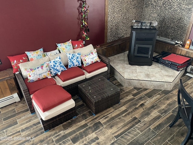 470 Middle Grove Rd, Greenfield, NY 12850 - interior space featuring a baseboard heating unit, wood finish floors, and a wood stove