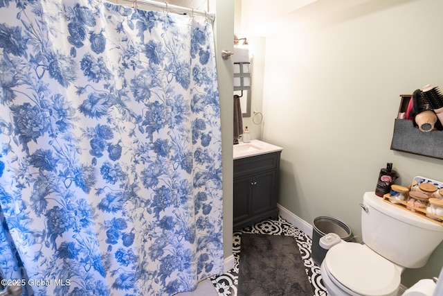 99 Wilsey Rd, Greenfield, NY 12833 - bathroom with toilet, baseboards, tile patterned flooring, curtained shower, and vanity