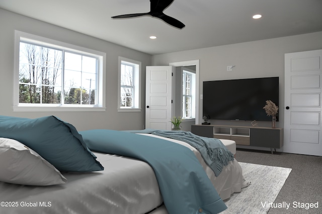 carpeted bedroom with recessed lighting and a ceiling fan