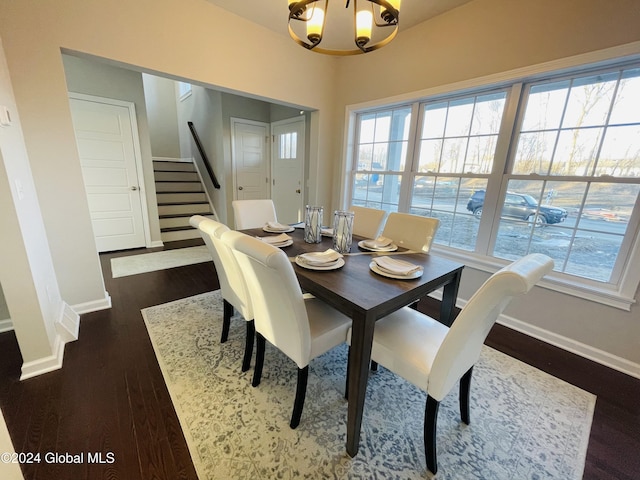10 Hunter Ct, Milton, NY 12020 - dining area featuring an inviting chandelier, baseboards, dark wood finished floors, and stairs