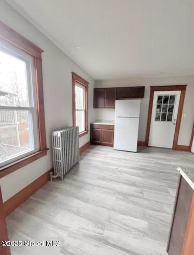 empty room with radiator heating unit, light wood-style flooring, and baseboards