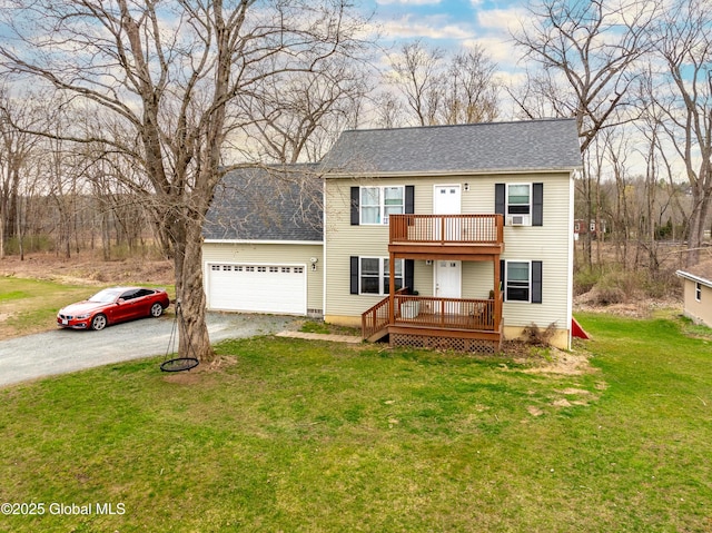 colonial home with roof with shingles, an attached garage, a balcony, dirt driveway, and a front yard