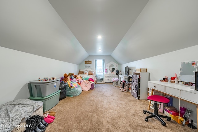 playroom with vaulted ceiling and carpet
