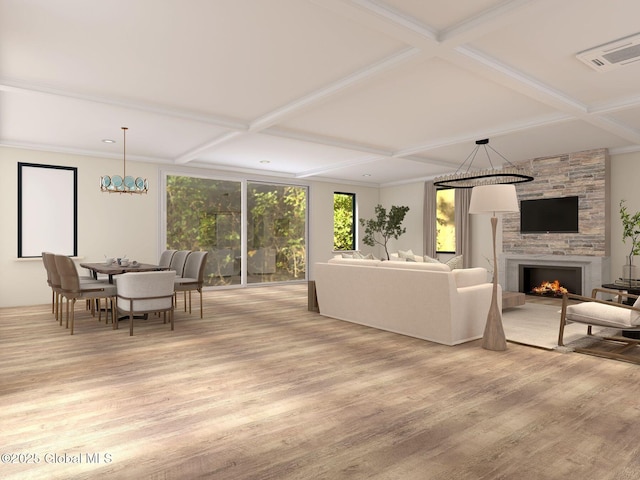 11 Eagle Rdg N, Bolton, NY 12814 - living area featuring a fireplace, wood finished floors, coffered ceiling, and beamed ceiling