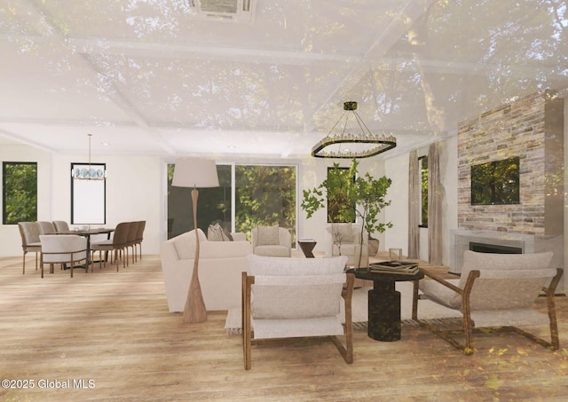 11 Eagle Rdg N, Bolton, NY 12814 - living area with beam ceiling, a fireplace, a notable chandelier, visible vents, and wood finished floors
