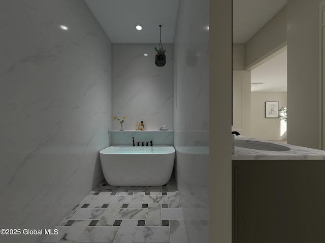 11 Eagle Rdg N, Bolton, NY 12814 - full bathroom featuring vanity, recessed lighting, a freestanding bath, and marble finish floor
