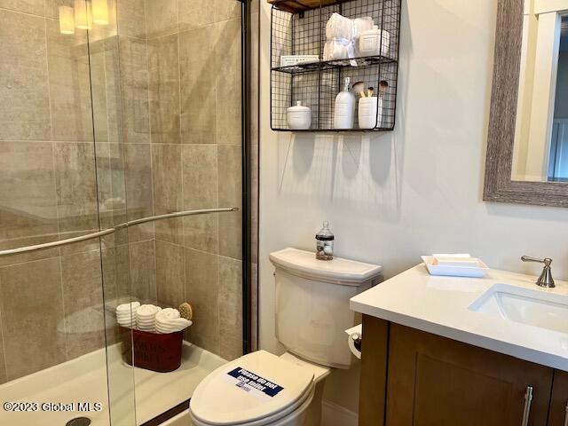 bathroom featuring vanity, toilet, and a stall shower