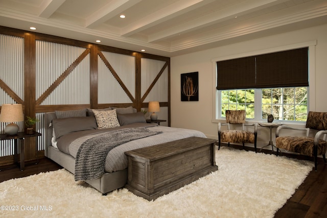bedroom with beam ceiling, recessed lighting, and wood finished floors